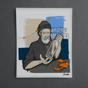 Illustration of a old fisherman looking to a message in a bottle